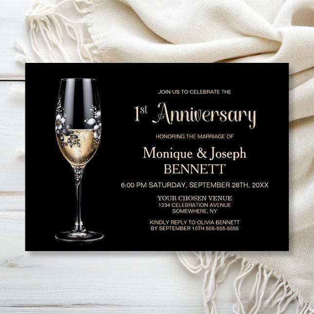 Champagne Glass Floral 1st Wedding Anniversary Invitation (Creator Uploaded)