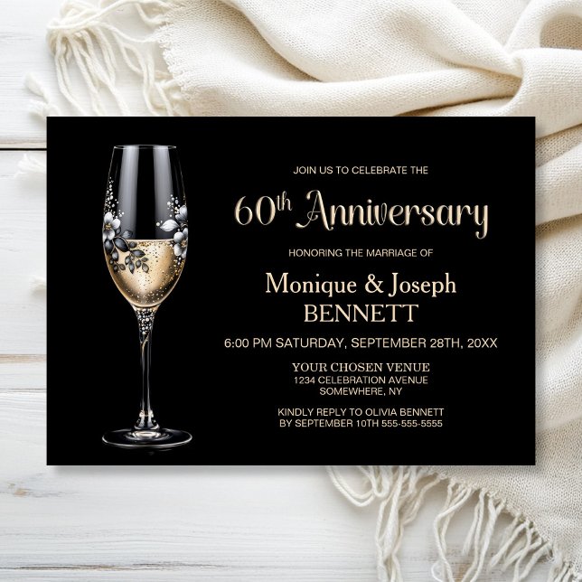 Champagne Glass Floral 60th Wedding Anniversary Invitation (Creator Uploaded)