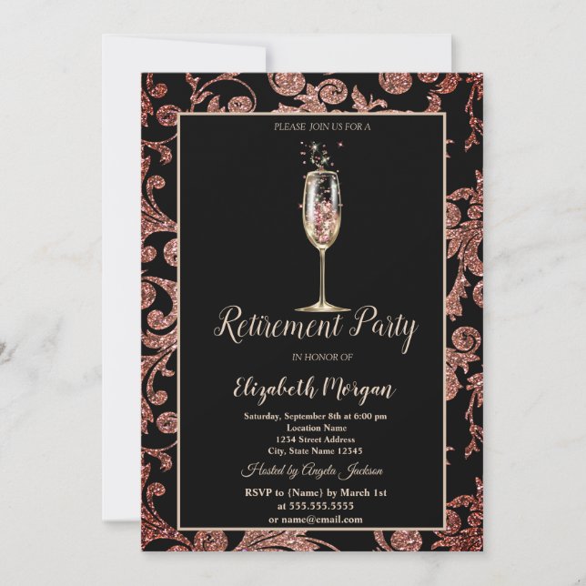 Champagne Glass Glitter Swirls Retirement Invitation (Front)