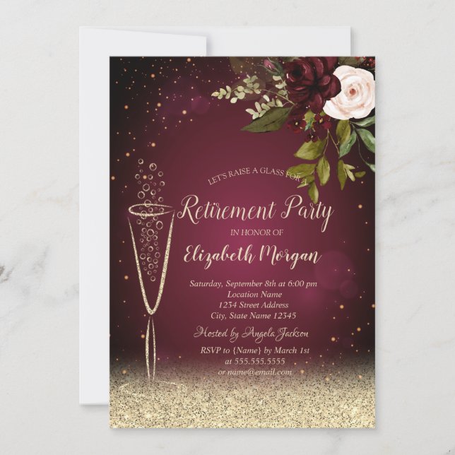 Champagne Glass Gold Burgundy Roses Retirement  Invitation (Front)