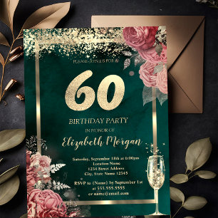 Champagne Glass Gold Confetti Floral Green 60th  Invitation