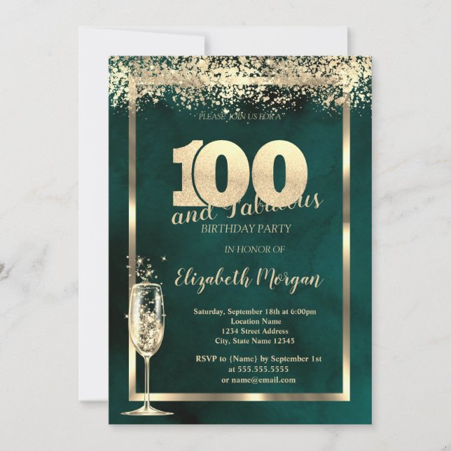 Champagne Glass Gold Confetti Green 100th Birthday Invitation (Front)