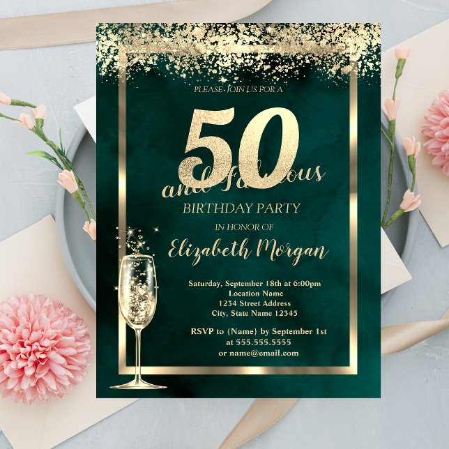 Champagne Glass Gold Confetti Green 50th Birthday Invitation (Creator Uploaded)