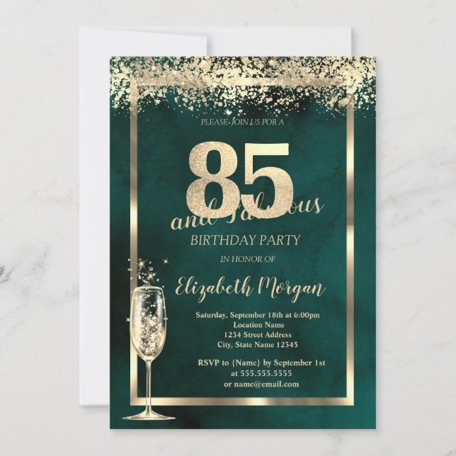 Champagne Glass Gold Confetti Green 85th Birthday Invitation (Front)