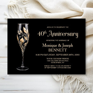 Champagne Glass Gold Leaf 40th Wedding Anniversary Invitation