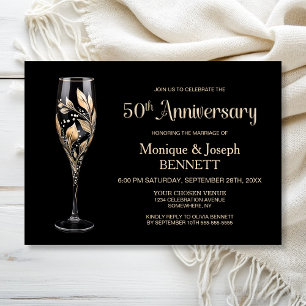 Champagne Glass Gold Leaf 50th Wedding Anniversary Invitation