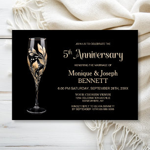 Champagne Glass Gold Leaf 5th Wedding Anniversary Invitation