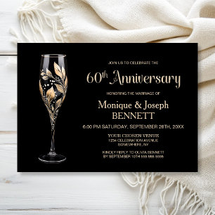 Champagne Glass Gold Leaf 60th Wedding Anniversary Invitation
