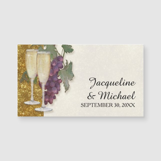 Champagne Glass Grapes Gold Glitter Save the Date (Front)