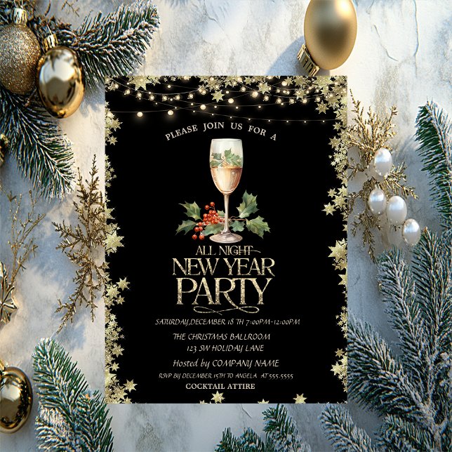 Champagne Glass Holly Berry Cocktail Stars Holiday Invitation (Creator Uploaded)