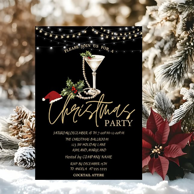 Champagne Glass Pearls Santa Hat Christmas Company Invitation (Creator Uploaded)