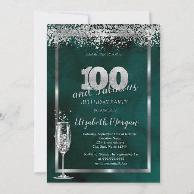 Champagne Glass Silver Confetti Green 100th  Invitation (Front)