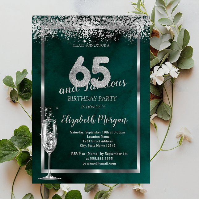 Champagne Glass Silver Confetti Green 65th  Invitation (Creator Uploaded)