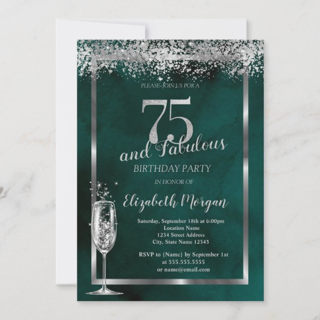 Champagne Glass Silver Confetti Green 75th  Invitation (Front)