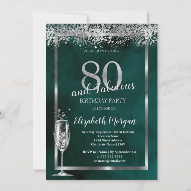 Champagne Glass Silver Confetti Green 80th Invitation (Front)