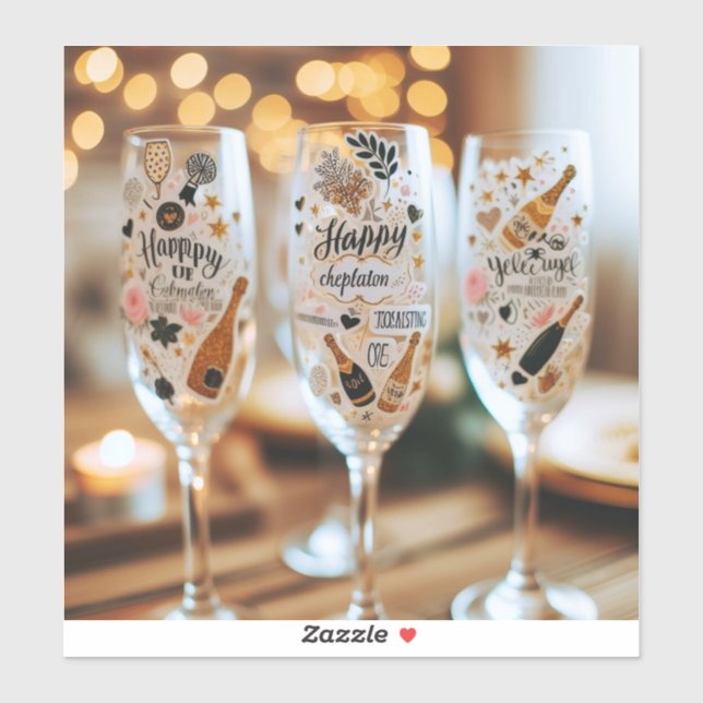 Champagne glass stickers with celebratory messages (Sheet)