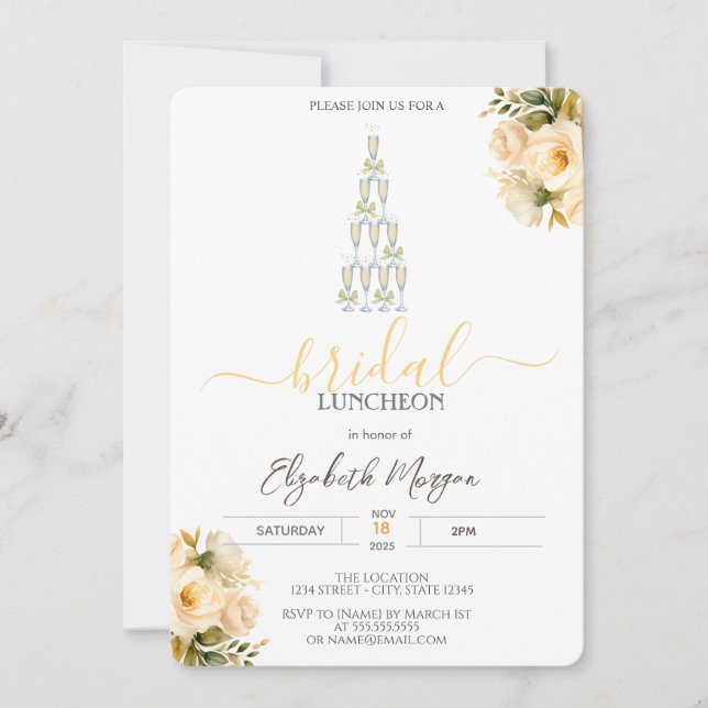 Champagne Glass White Roses Bridal Luncheon  Invitation (Front)