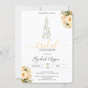 Champagne Glass White Roses Bridal Luncheon Invitation