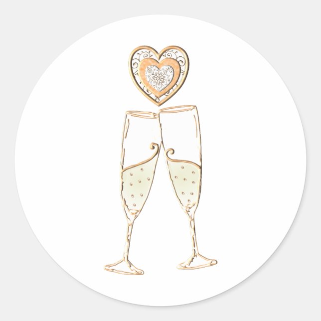 Champagne Glasses and Hearts Classic Round Sticker (Front)