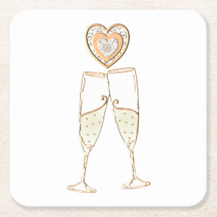 Champagne Glasses and Hearts Square Paper Coaster