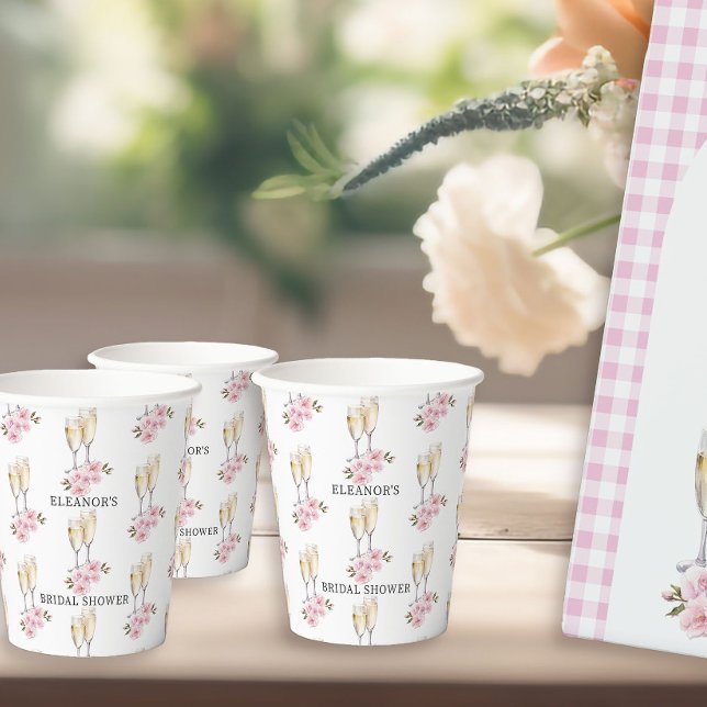 Champagne Glasses and Pink Flowers Paper Cups (Champagne glasses paper cups from Cupcakes and Cava Bridal Shower Collection by Darling & May)