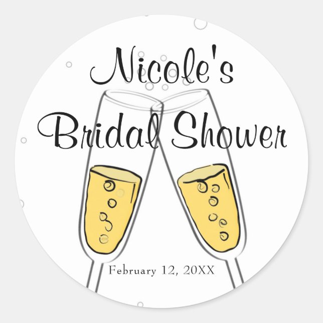 Champagne Glasses & Bubbles Modern Treat Favour Classic Round Sticker (Front)