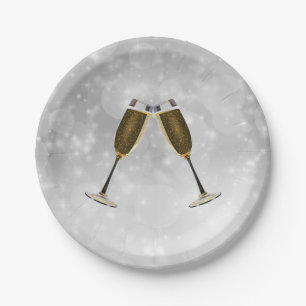 Champagne Glasses Celebration Gold on Silver Paper Plate