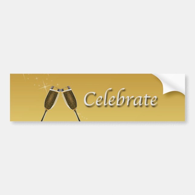 Champagne Glasses Celebration on Gold Bumper Sticker (Front)