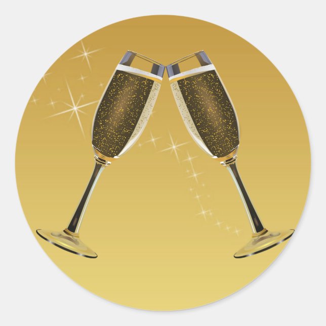 Champagne Glasses Celebration on Gold Classic Round Sticker (Front)