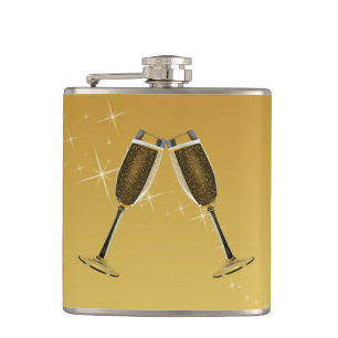 Champagne Glasses Celebration on Gold Hip Flask