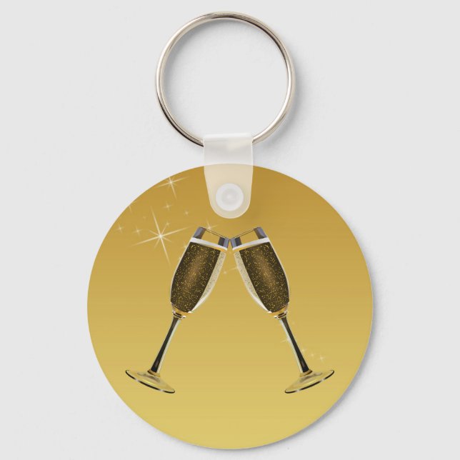 Champagne Glasses Celebration on Gold Keychain (Front)