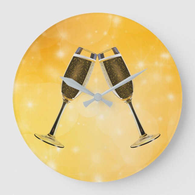 Champagne Glasses Celebration on Sparkling Gold Large Clock (Front)