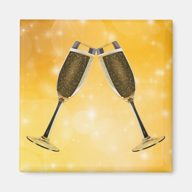 Champagne Glasses Celebration on Sparkling Gold Magnet (Front)