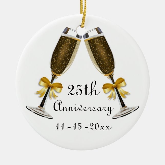 Champagne Glasses Gold Bow Anniversary Custom Year Ceramic Ornament (Front)