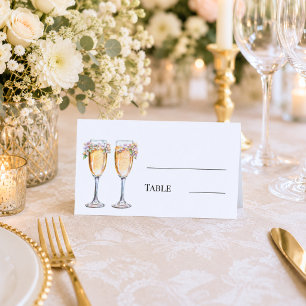Champagne glasses purple florals monogrammed table place card