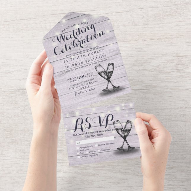 Champagne Glasses Rustic Wood String Light Wedding All In One Invitation (Tearaway)