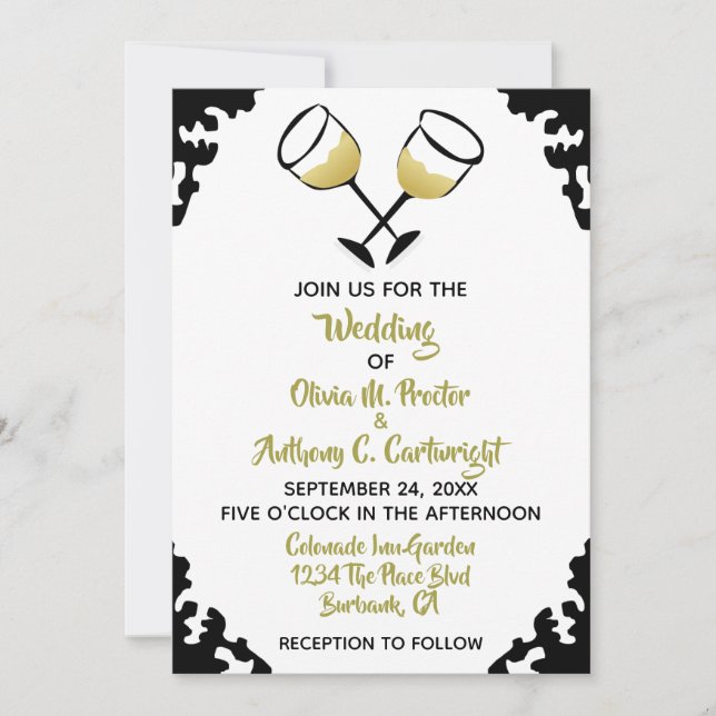 Champagne Glasses White and Gold Wedding  Invitation (Front)