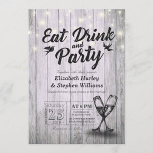 Champagne Glasses Wood EAT Drink and Party Wedding Invitation