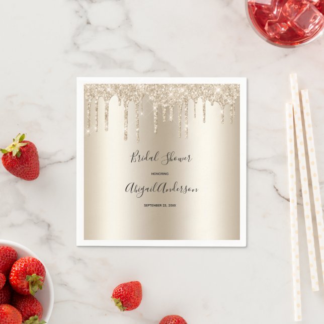 Champagne Glitter Drip Bridal Shower Glam Trendy Napkin (Insitu)