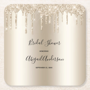 Champagne Glitter Drip Bridal Shower Glam Trendy Square Paper Coaster