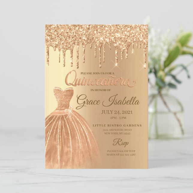 Champagne Glitter Drip Quinceanera Birthday Invitation (Standing Front)
