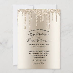 Champagne Glitter Drip Trendy Elegant Wedding Invitation