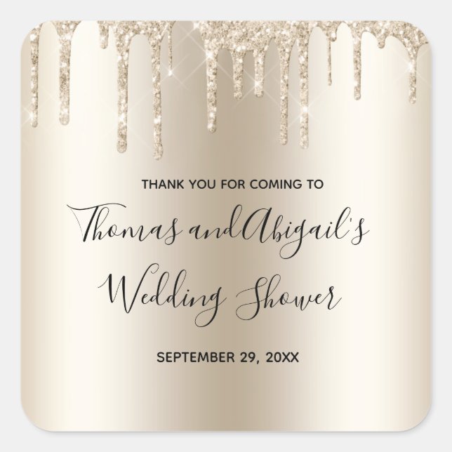 Champagne Glitter Drip Wedding Shower Glam Trendy  Square Sticker (Front)