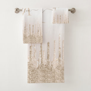 Champagne Glitter Dripping Monogram Elegant Name Bath Towel Set