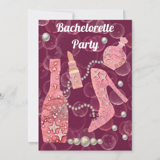 Champagne Glitter & Pearls Burgundy Bachelorette I Invitation (Front)