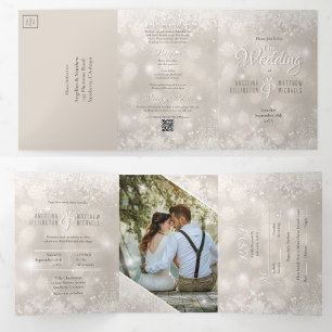 Champagne Glitter Photo All in One Budget Wedding Tri-Fold Invitation