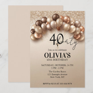 Champagne Gold Balloons Glitter 40th Birthday  Invitation