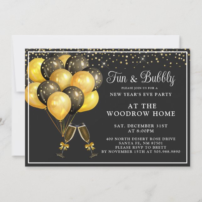 Champagne Gold Black Balloons New Year's Eve  Invitation (Front)