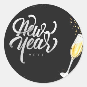 Champagne Gold Black Wine Glass Confetti Modern Classic Round Sticker