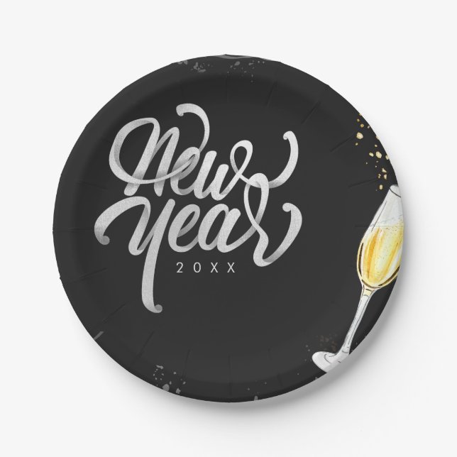 Champagne Gold Black Wine Glass Confetti Modern Paper Plate (Front)